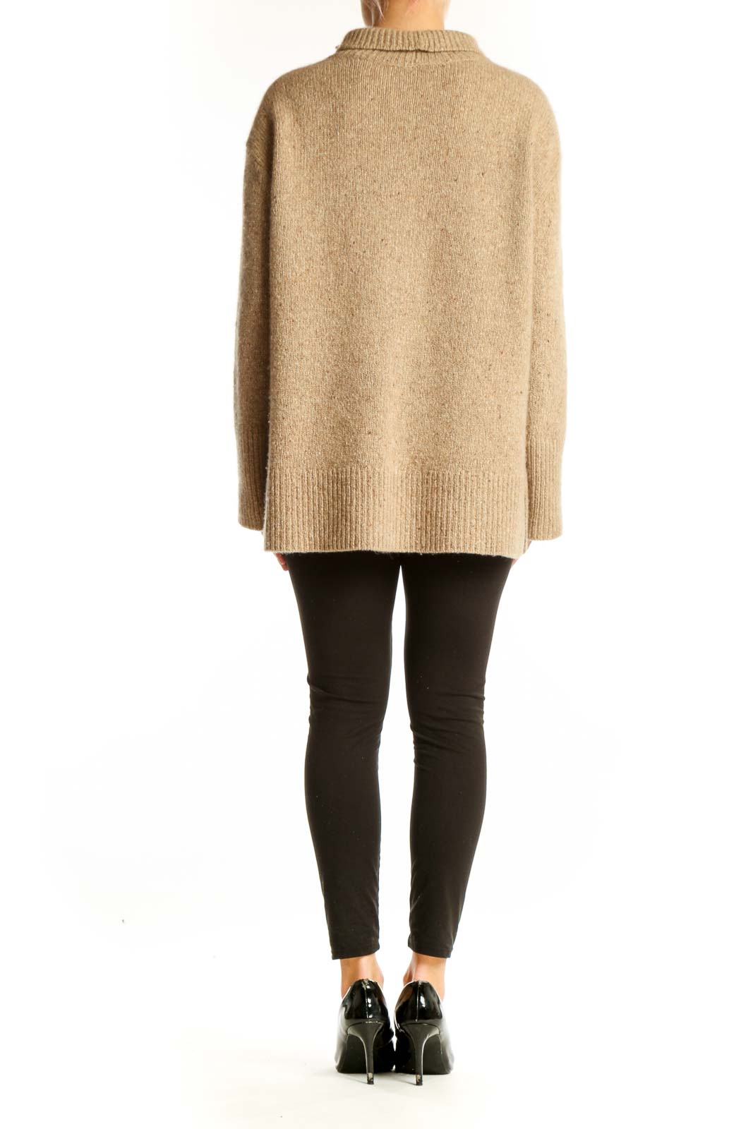Back view of Vince camel cashmere turtleneck sweater on model