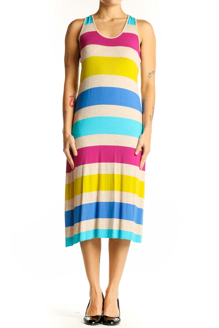 Front view of Calvin Klein multicolor striped racerback midi dress
