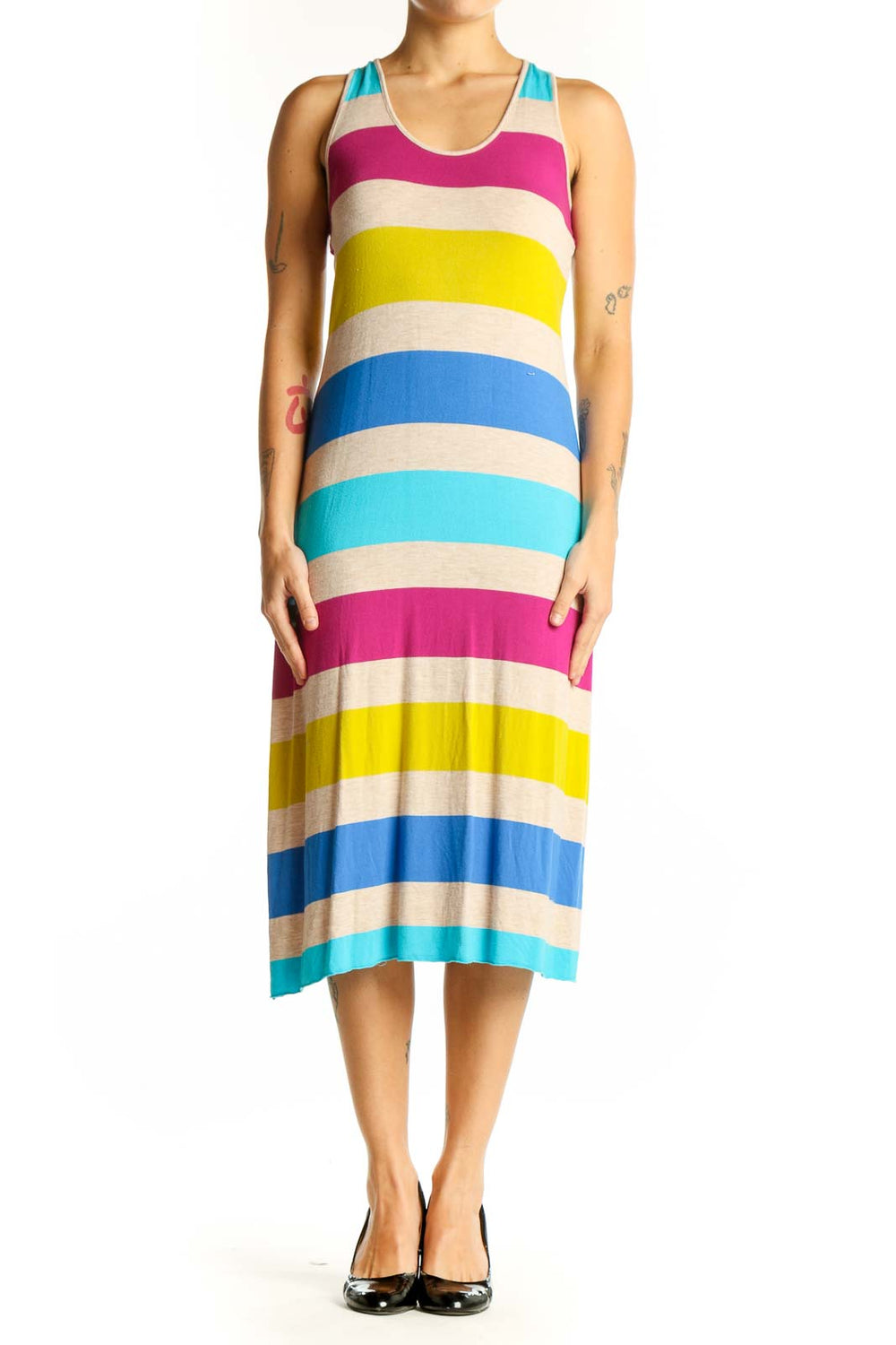 Front view of Calvin Klein multicolor striped racerback midi dress