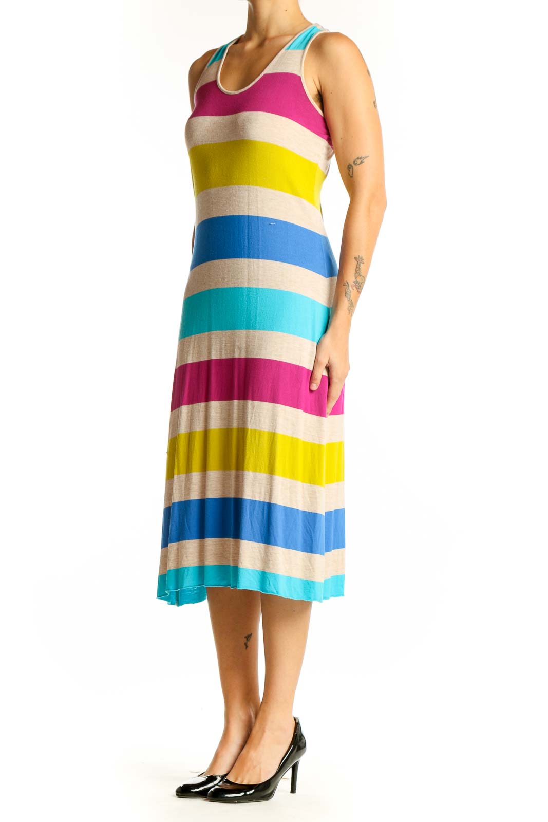 Front view of Calvin Klein multicolor striped racerback midi dress