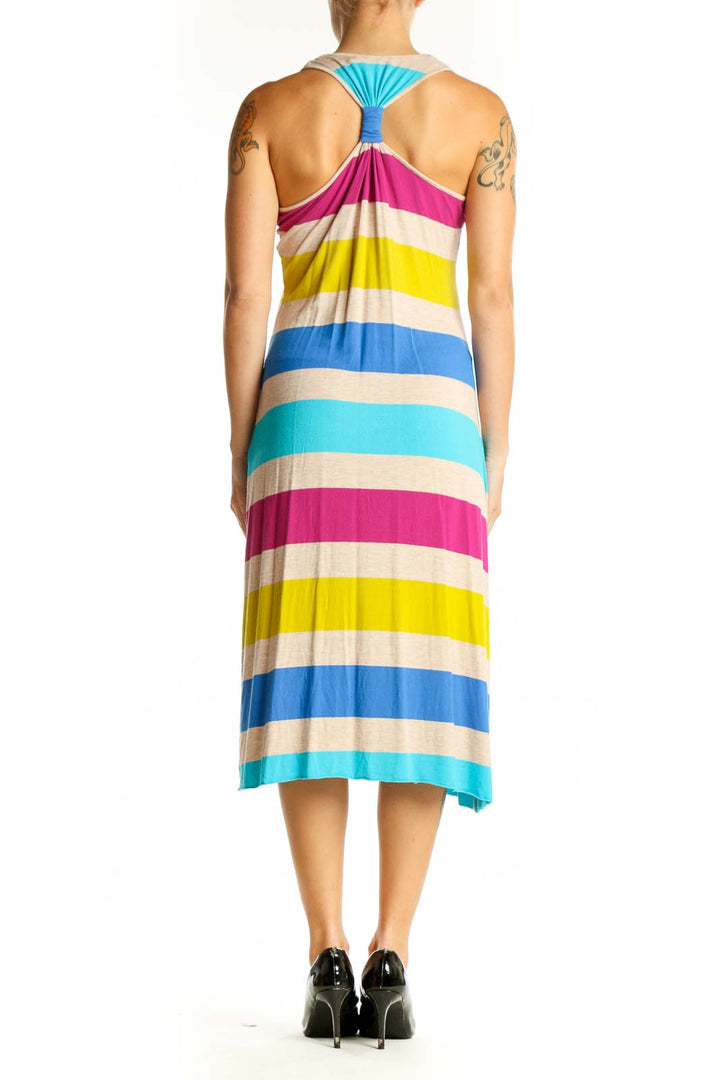 Back view of Calvin Klein multicolor striped racerback midi dress showing racerback design