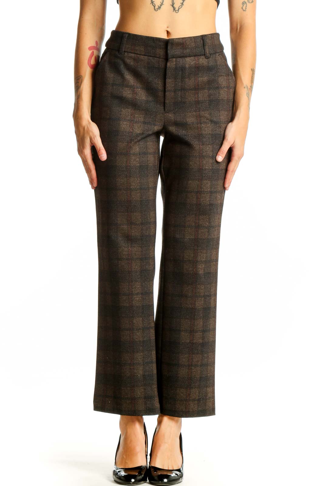 Front view of Democracy brown plaid straight-leg trousers