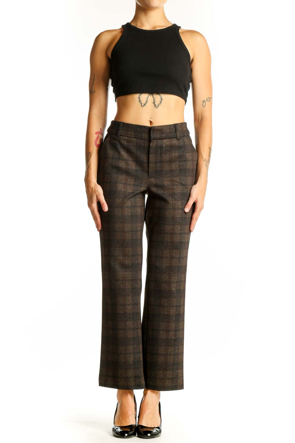 Front view of Democracy brown plaid straight-leg trousers