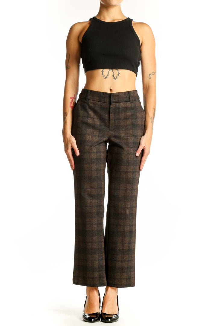 Front view of Democracy brown plaid straight-leg trousers