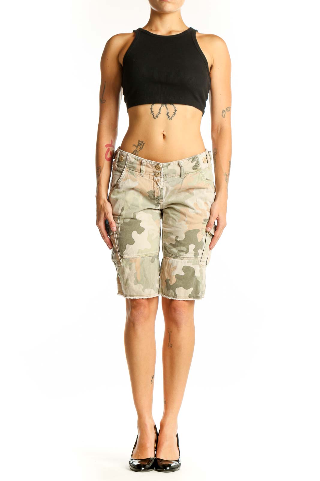 Front view of beige camouflage cargo shorts from The Limited