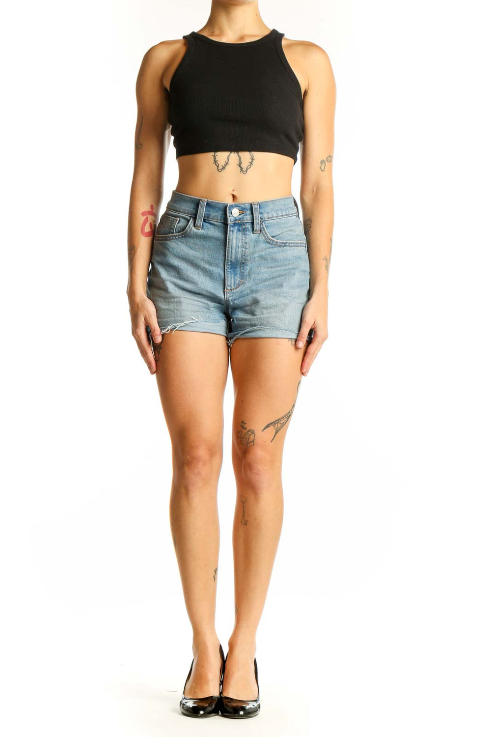 Front view of Joe's light blue distressed denim shorts