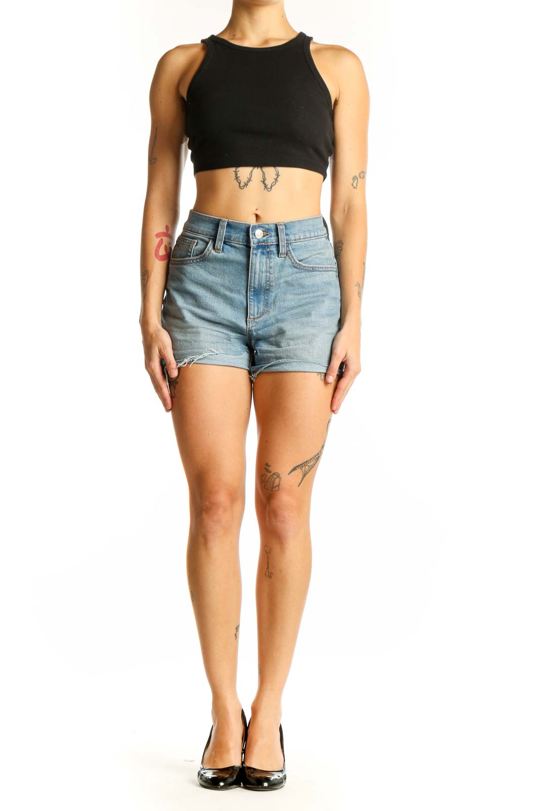 Front view of Joe's light blue distressed denim shorts