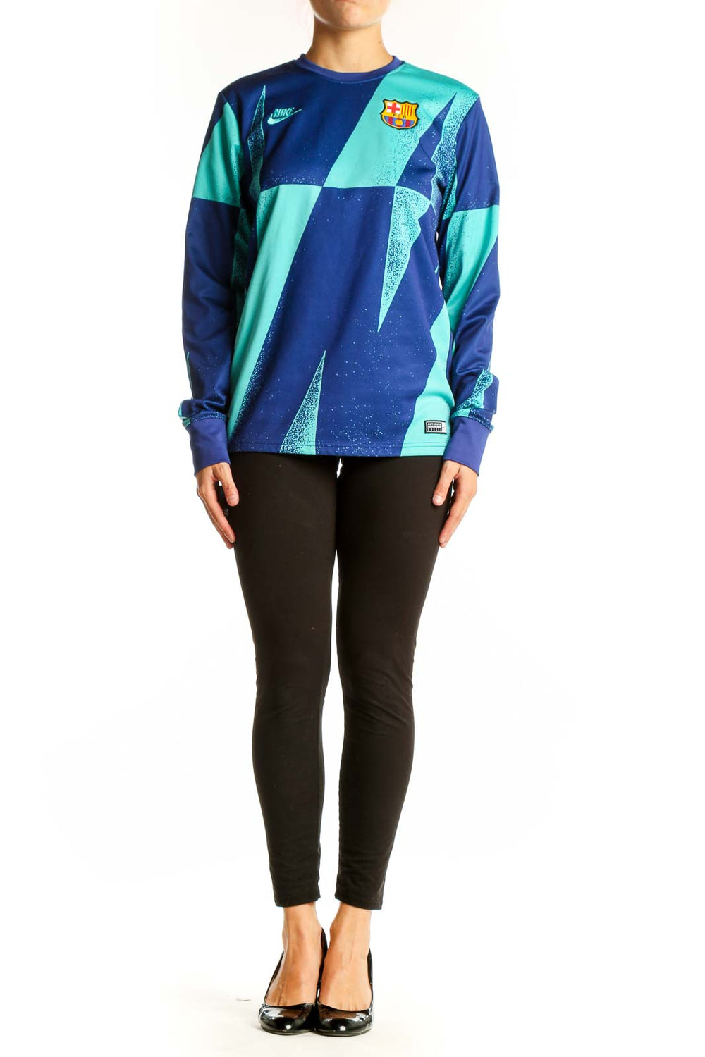 Front view of Nike FC Barcelona blue and teal geometric long sleeve athletic top