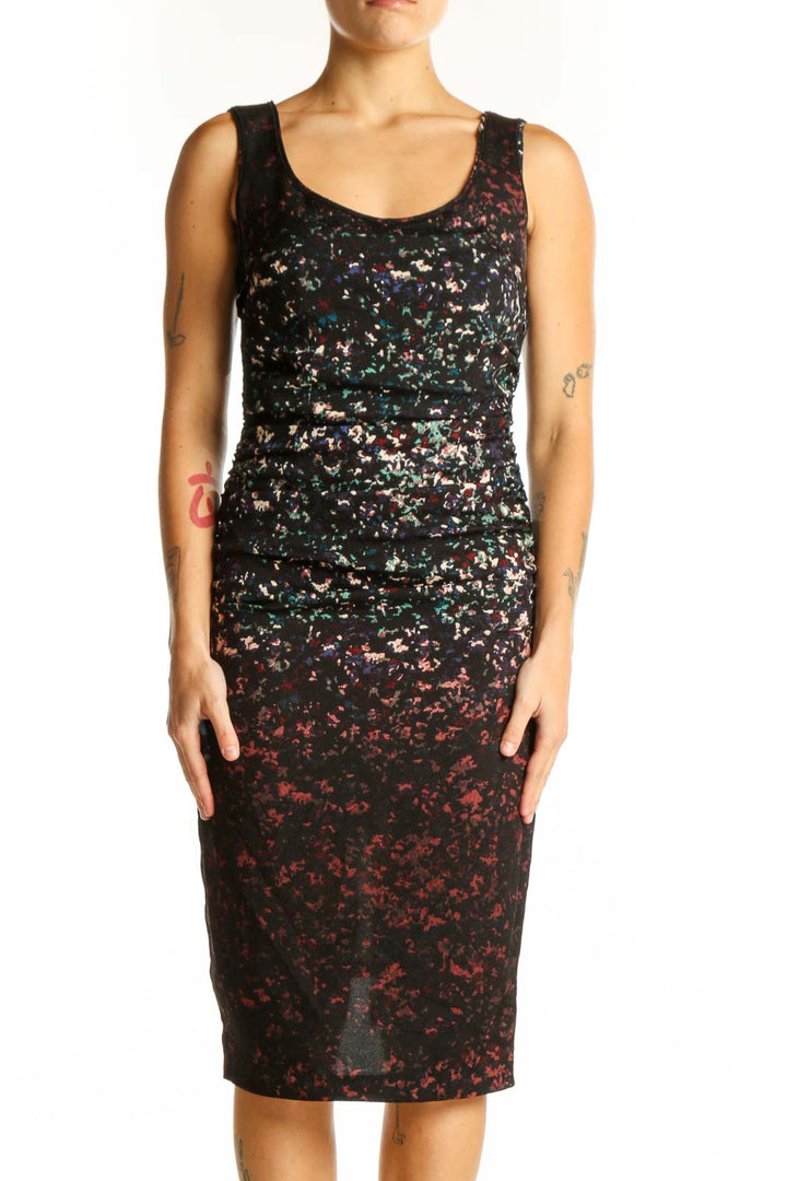 Front view of Tracy Reese black floral print sleeveless midi dress