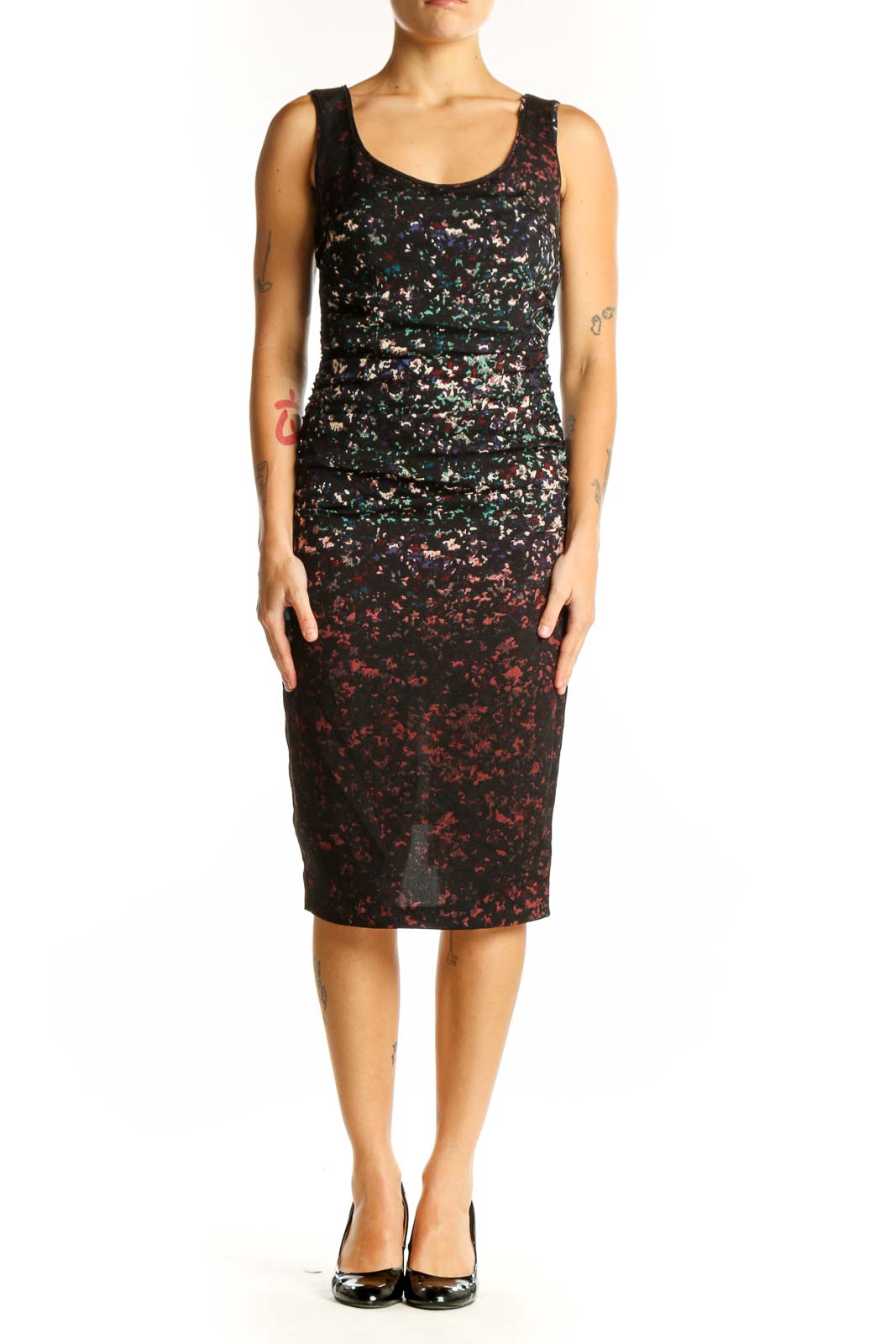 Front view of Tracy Reese black floral print sleeveless midi dress