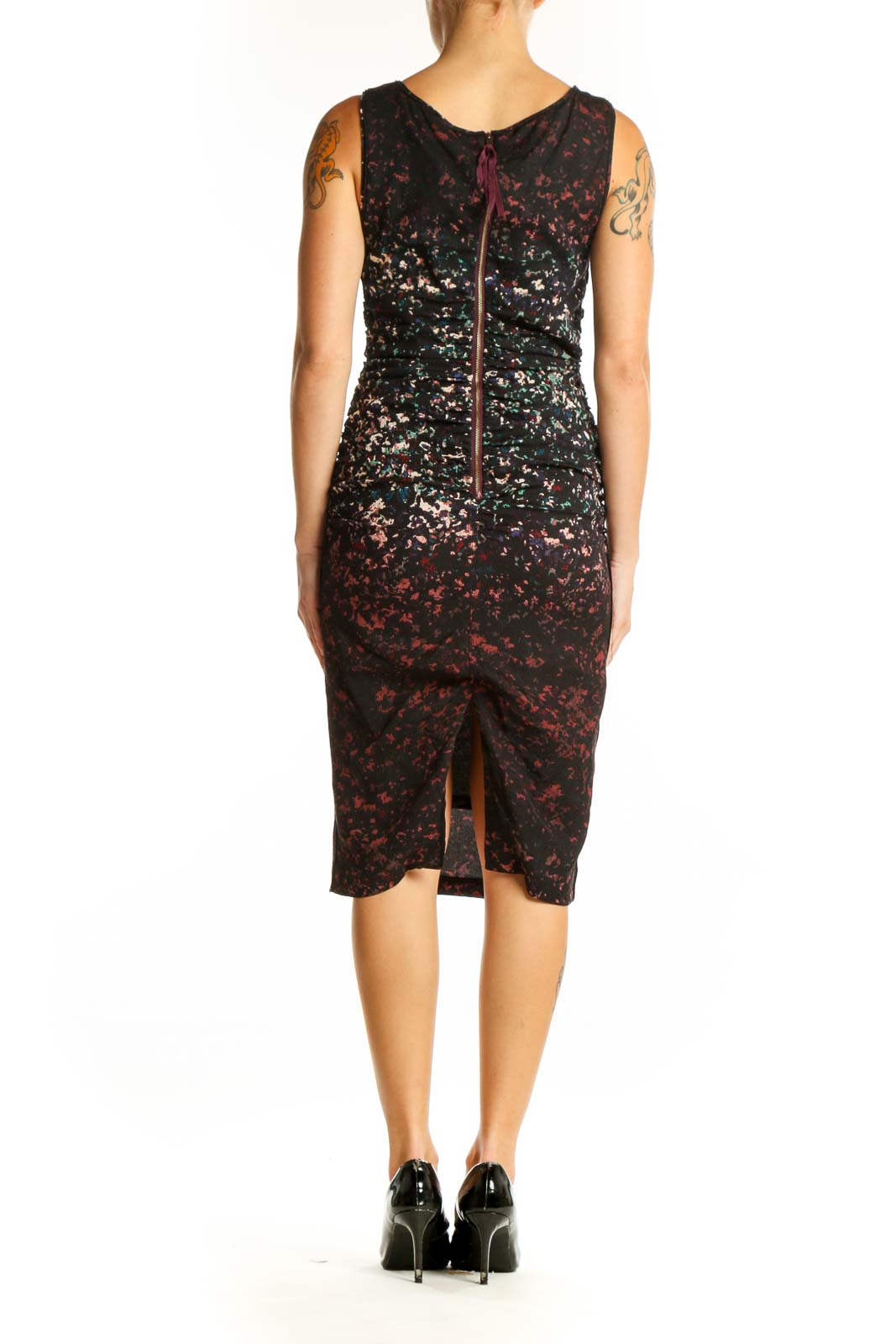 Side view of Tracy Reese black floral print sleeveless midi dress