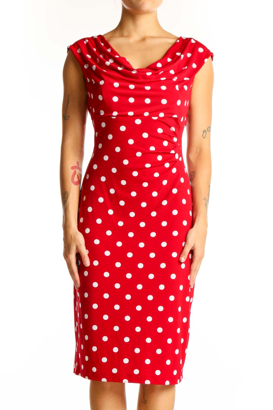 Front view of red polka dot cowl neck dress by Connected Apparel