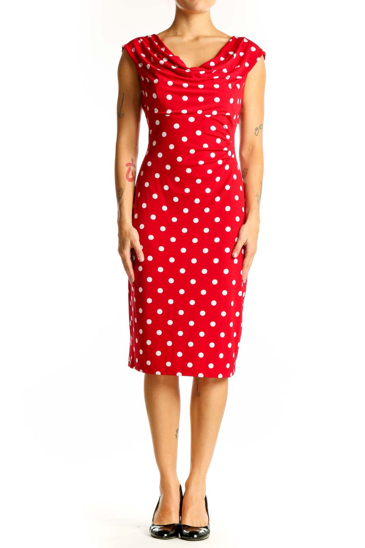 Front view of red polka dot cowl neck dress by Connected Apparel