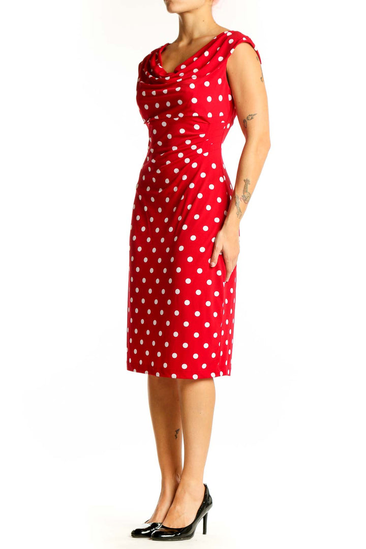 Front view of red polka dot cowl neck dress by Connected Apparel