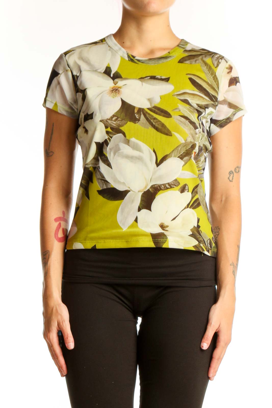 Front view of All Saints chartreuse top with white floral print