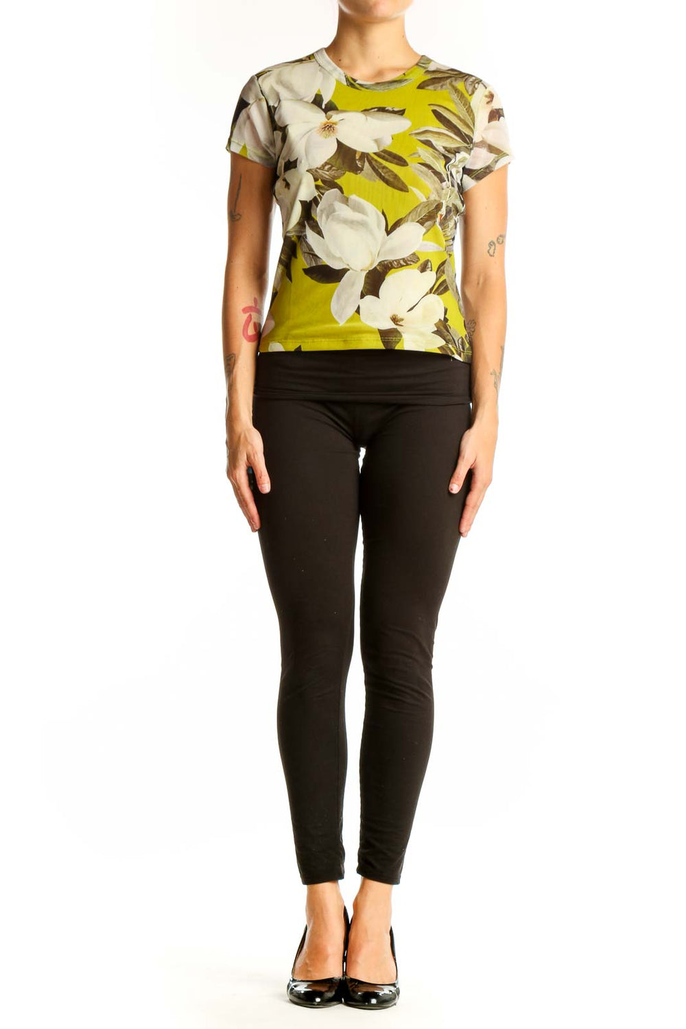 Front view of All Saints chartreuse top with white floral print
