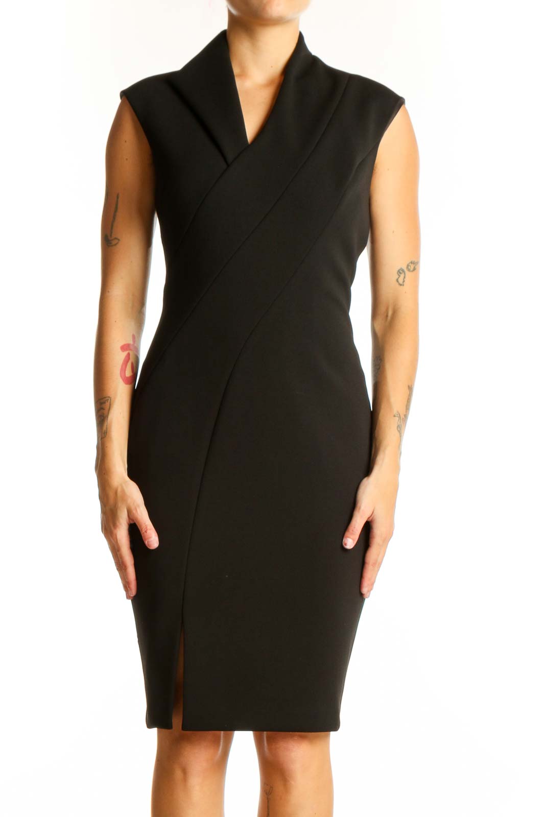 Front view of Ted Baker London black sleeveless wrap dress