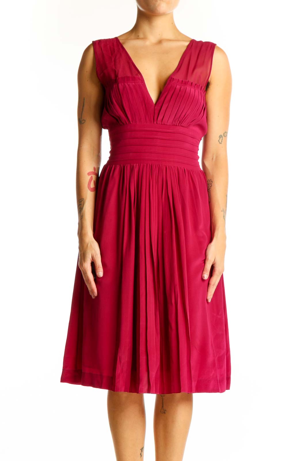 Front view of red silk V-neck pleated cocktail dress by Tracy Reese