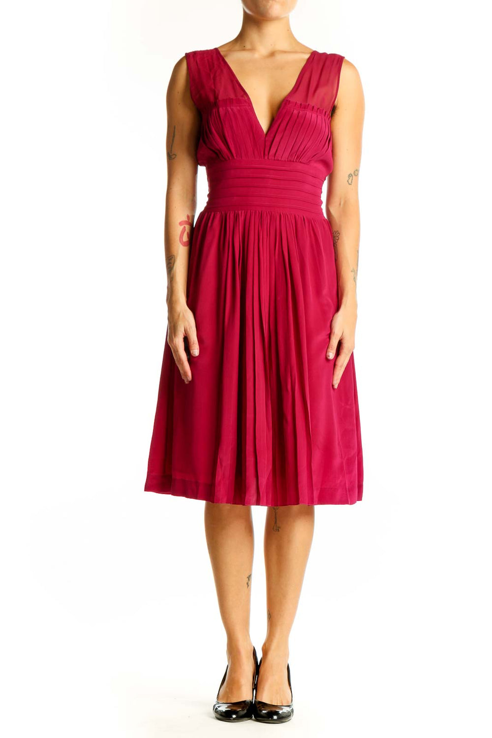 Front view of red silk V-neck pleated cocktail dress by Tracy Reese