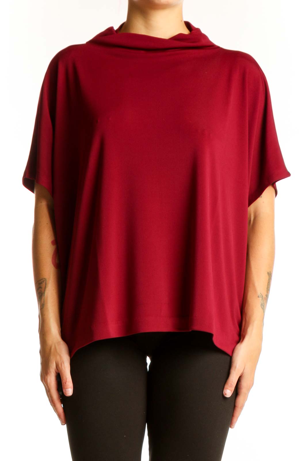 Front view of red Alfani cowl neck short sleeve blouse