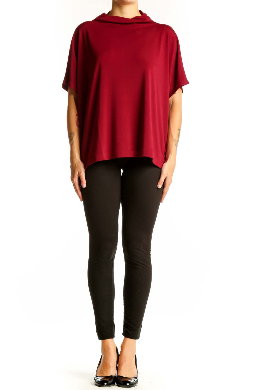 Front view of red Alfani cowl neck short sleeve blouse