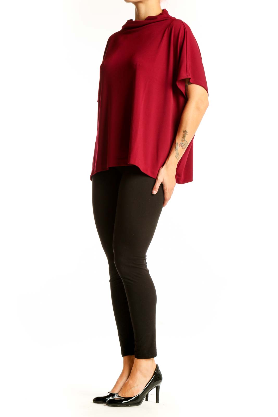 Front view of red Alfani cowl neck short sleeve blouse