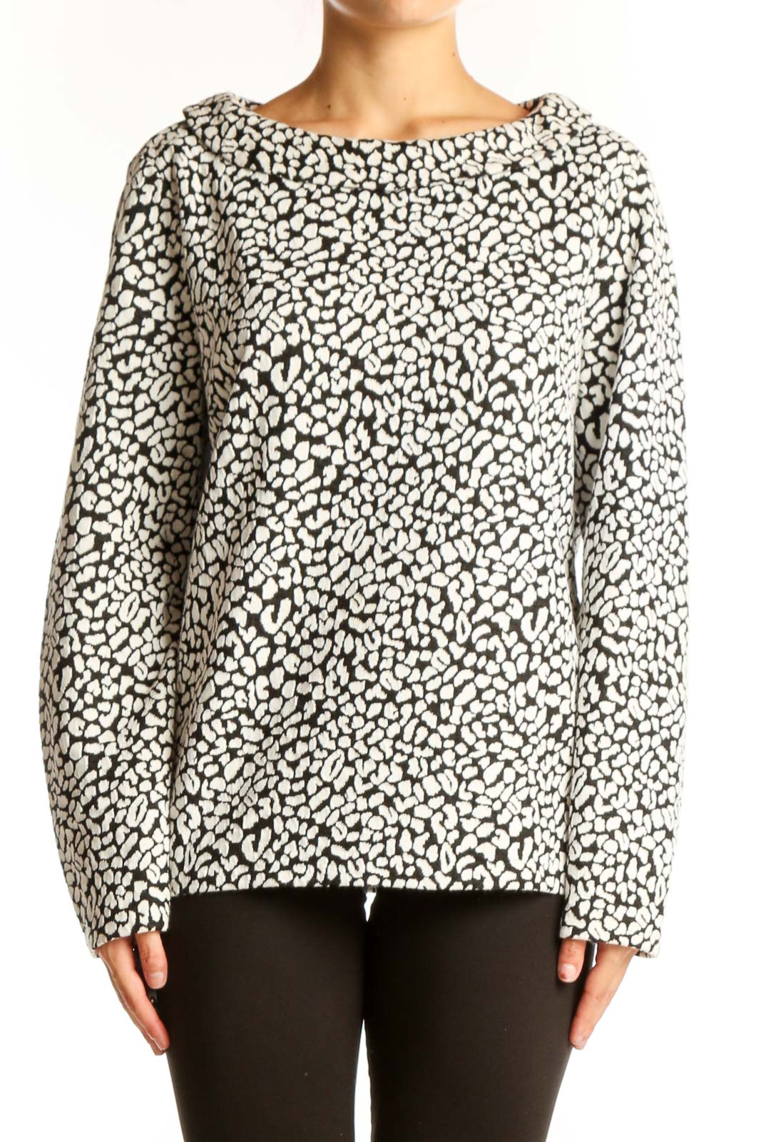 Front view of Talbots black and white leopard print long sleeve top