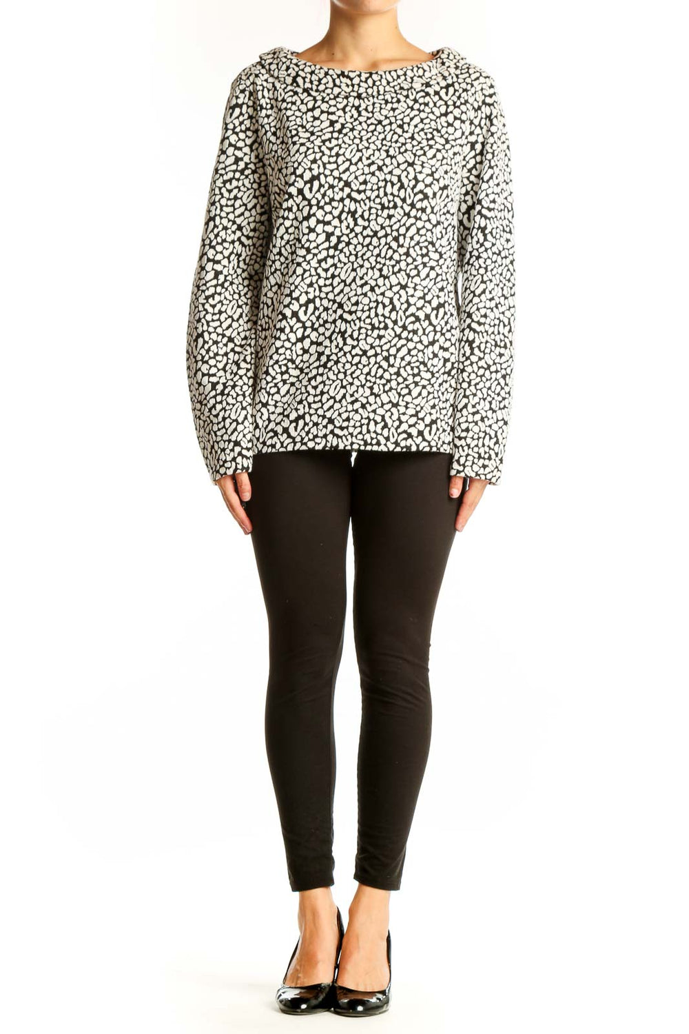 Front view of Talbots black and white leopard print long sleeve top