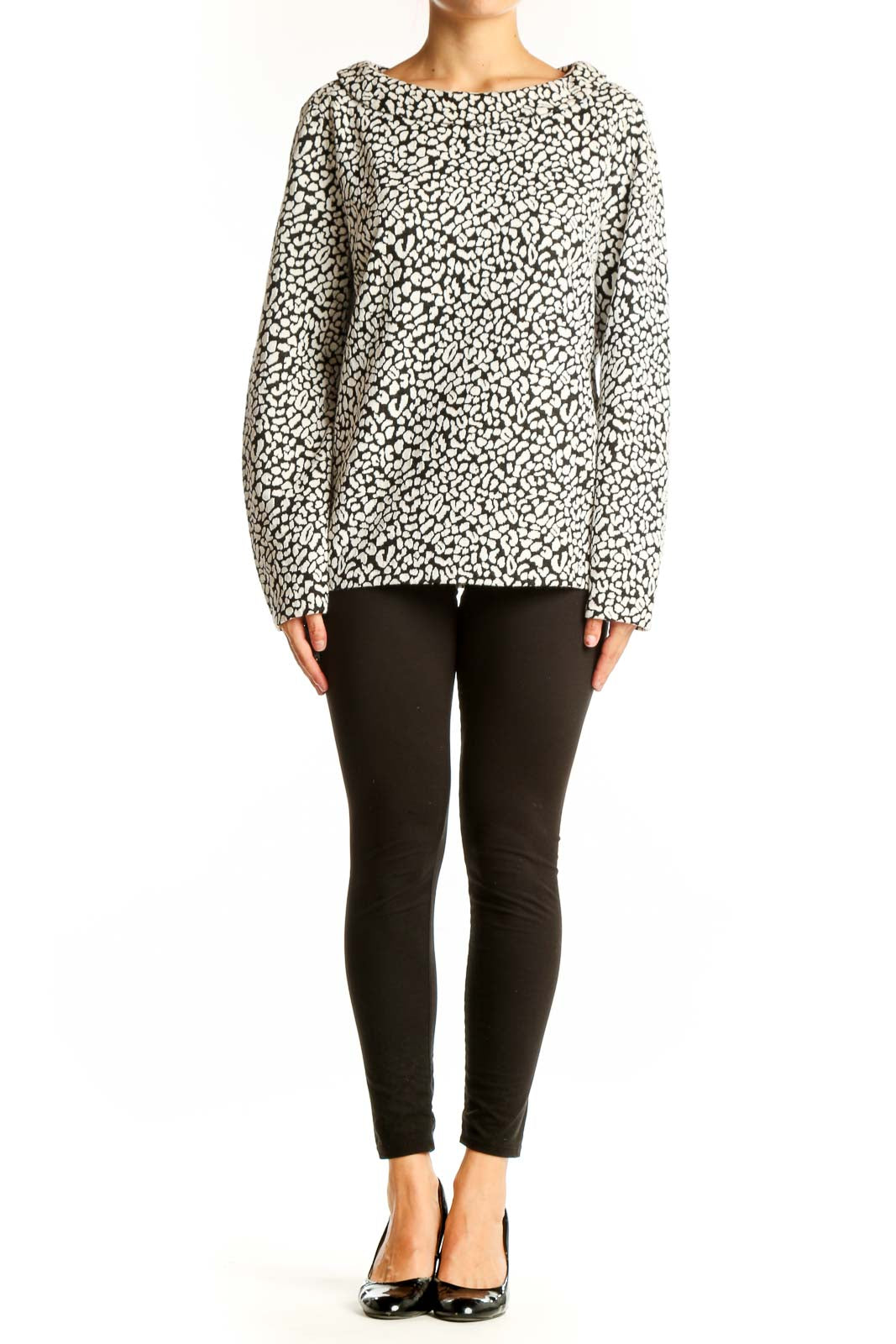 Front view of Talbots black and white leopard print long sleeve top