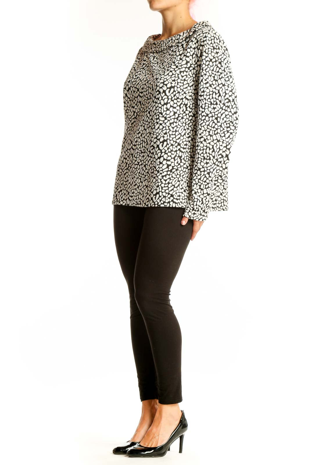 Front view of Talbots black and white leopard print long sleeve top