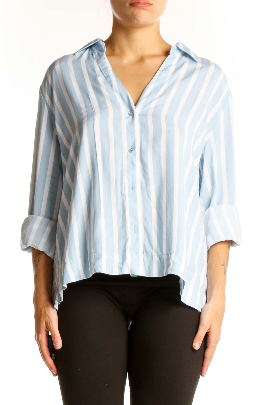 Front view of Jane + Delancey Light Blue Striped Button-Down Shirt