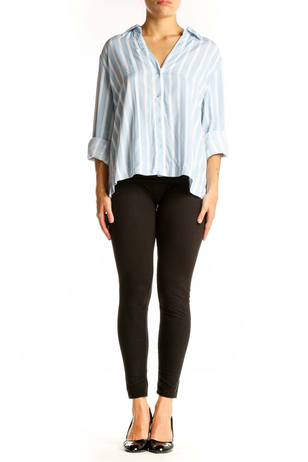 Front view of Jane + Delancey Light Blue Striped Button-Down Shirt
