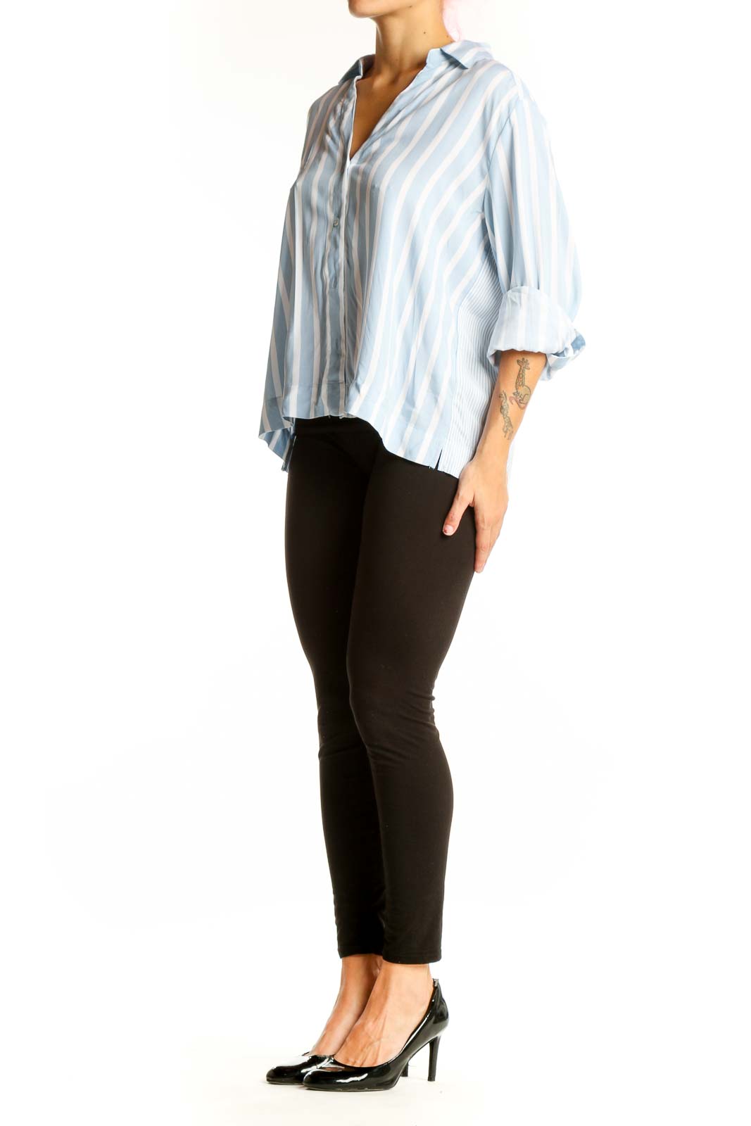 Front view of Jane + Delancey Light Blue Striped Button-Down Shirt
