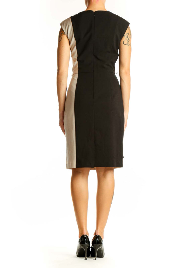 Side view of Calvin Klein black and beige color block sheath dress