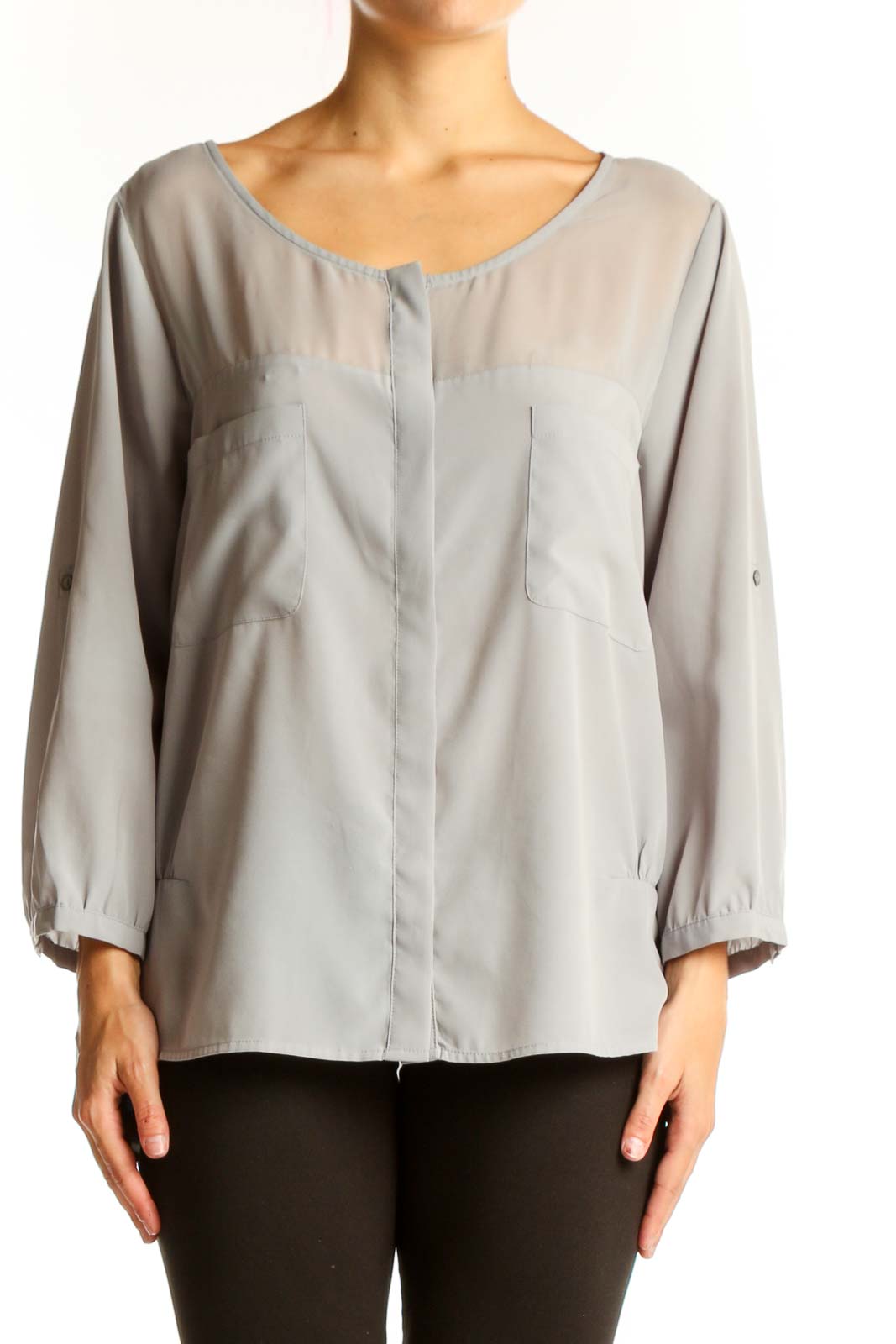 Front view of gray DKNY Jeans polyester blouse with scoop neck and 3/4 sleeves