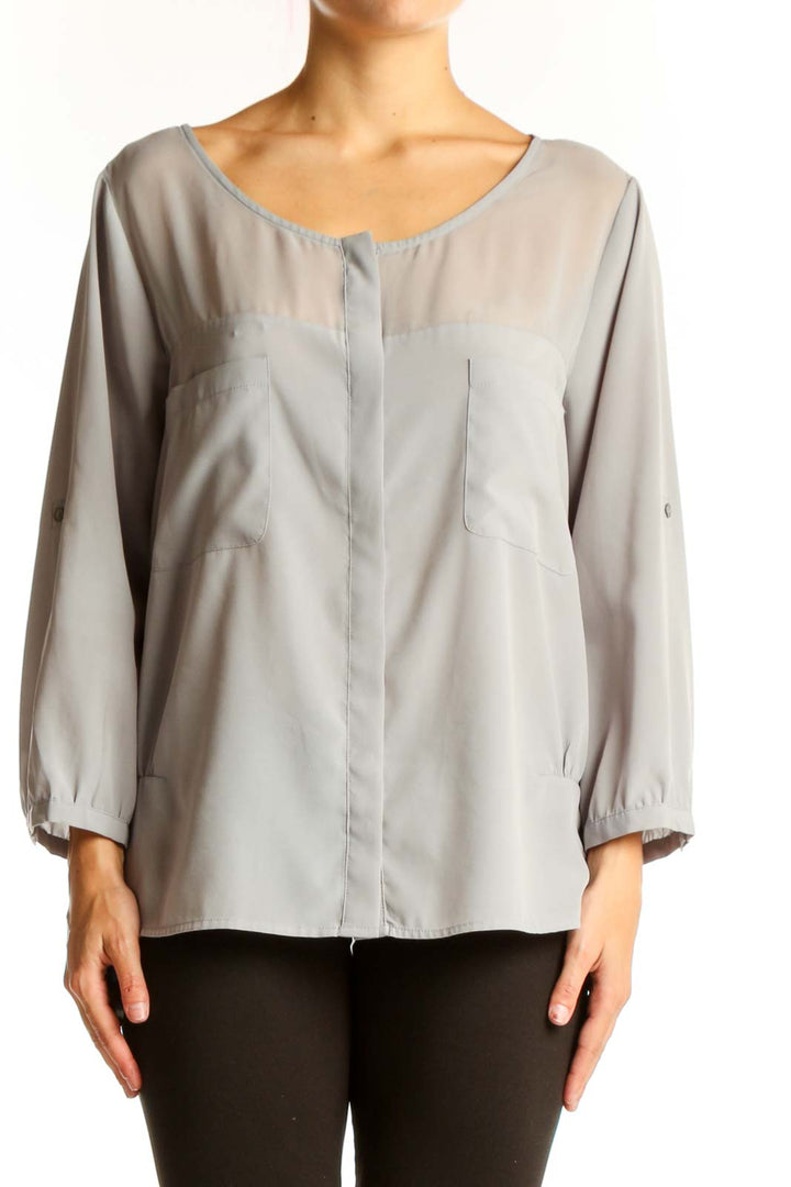 Front view of gray DKNY Jeans polyester blouse with scoop neck and 3/4 sleeves