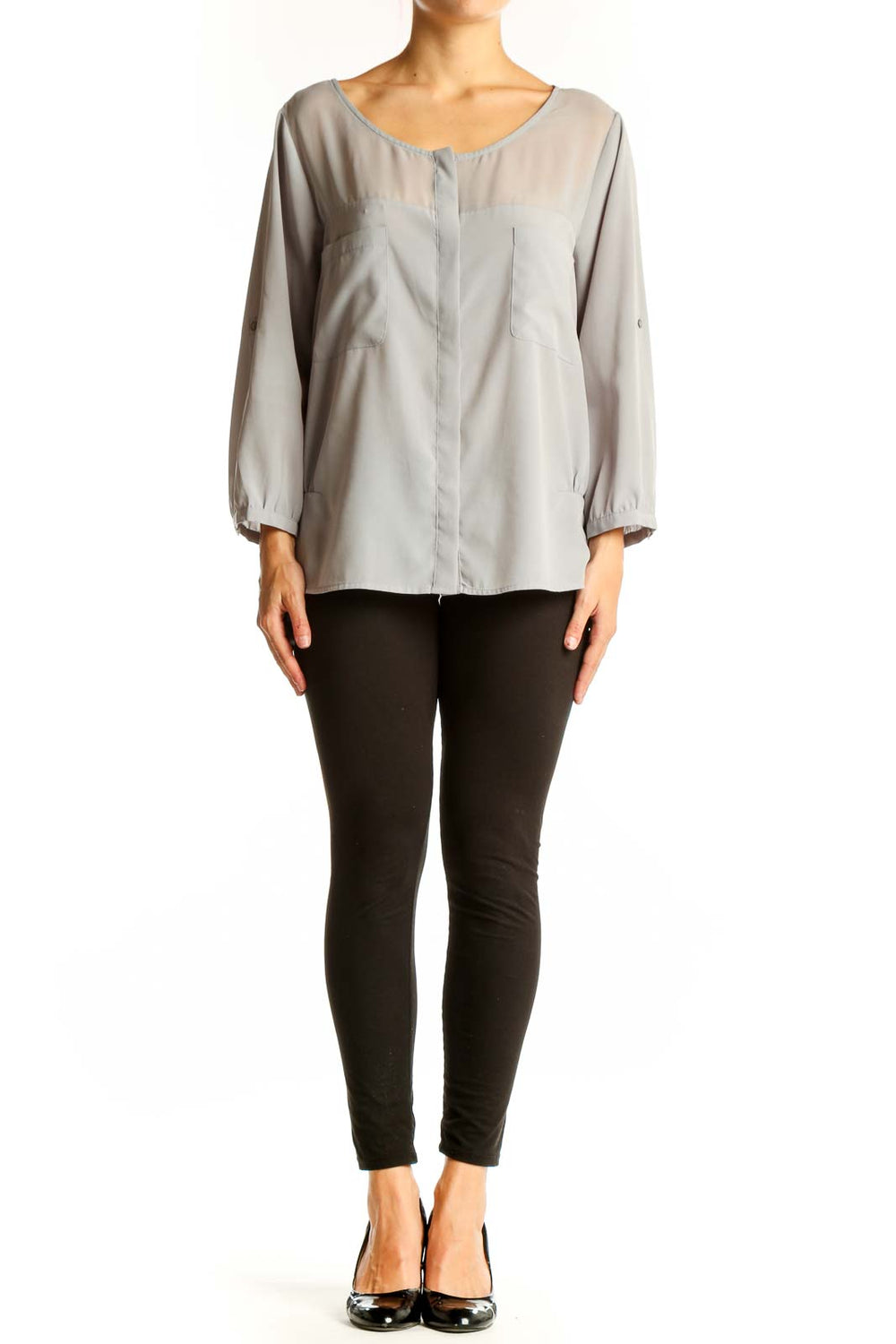 Front view of gray DKNY Jeans polyester blouse with scoop neck and 3/4 sleeves