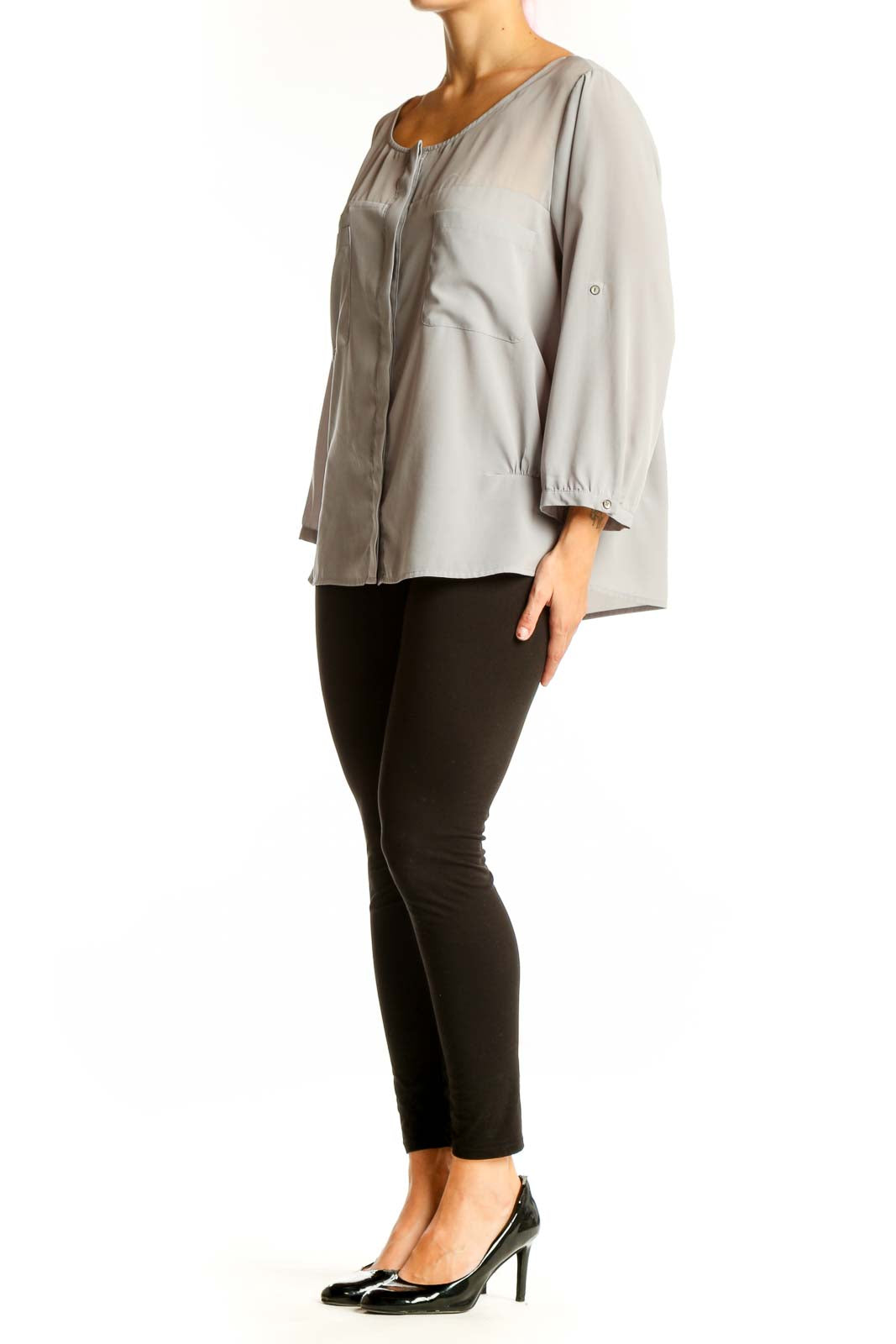 Front view of gray DKNY Jeans polyester blouse with scoop neck and 3/4 sleeves