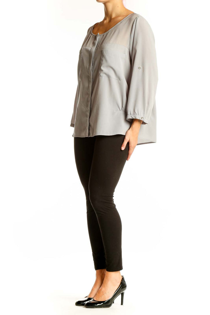 Front view of gray DKNY Jeans polyester blouse with scoop neck and 3/4 sleeves
