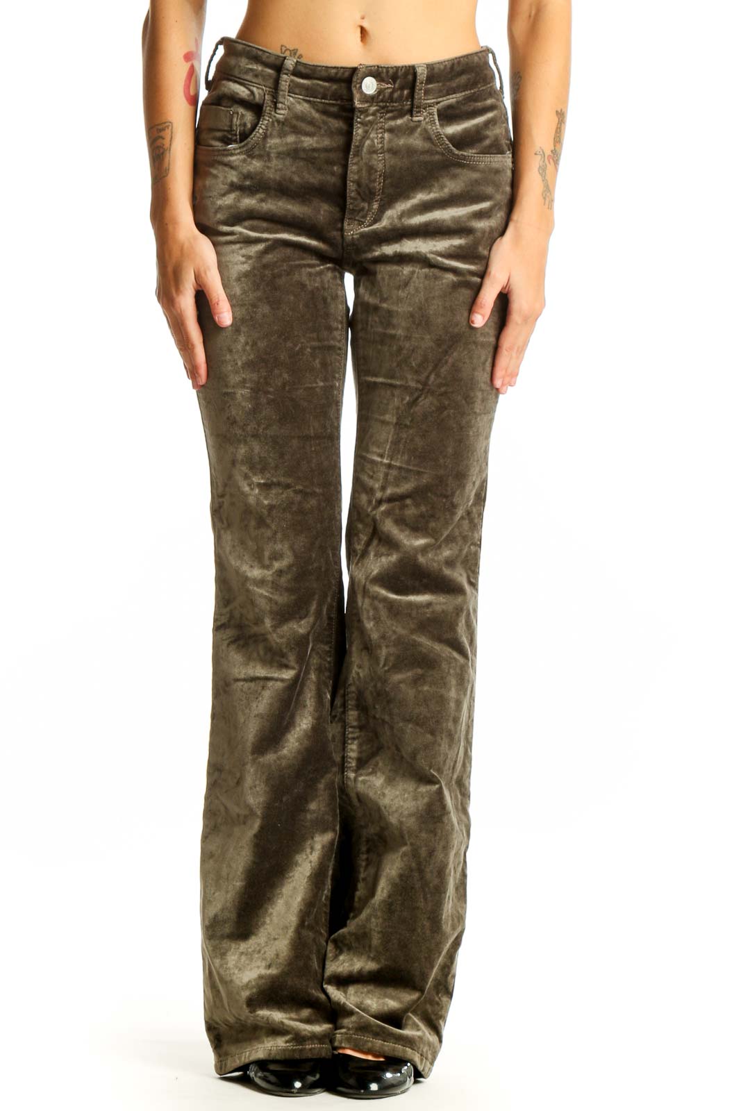 Front view of Pilcro olive velvet flare pants on model