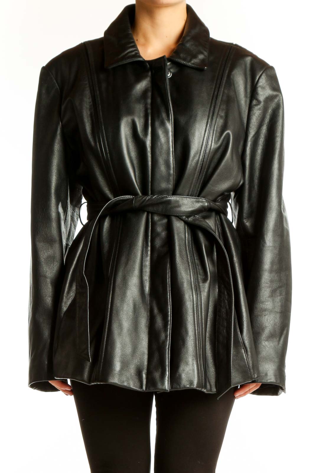 Front view of Modern Essentials black belted leather-look jacket