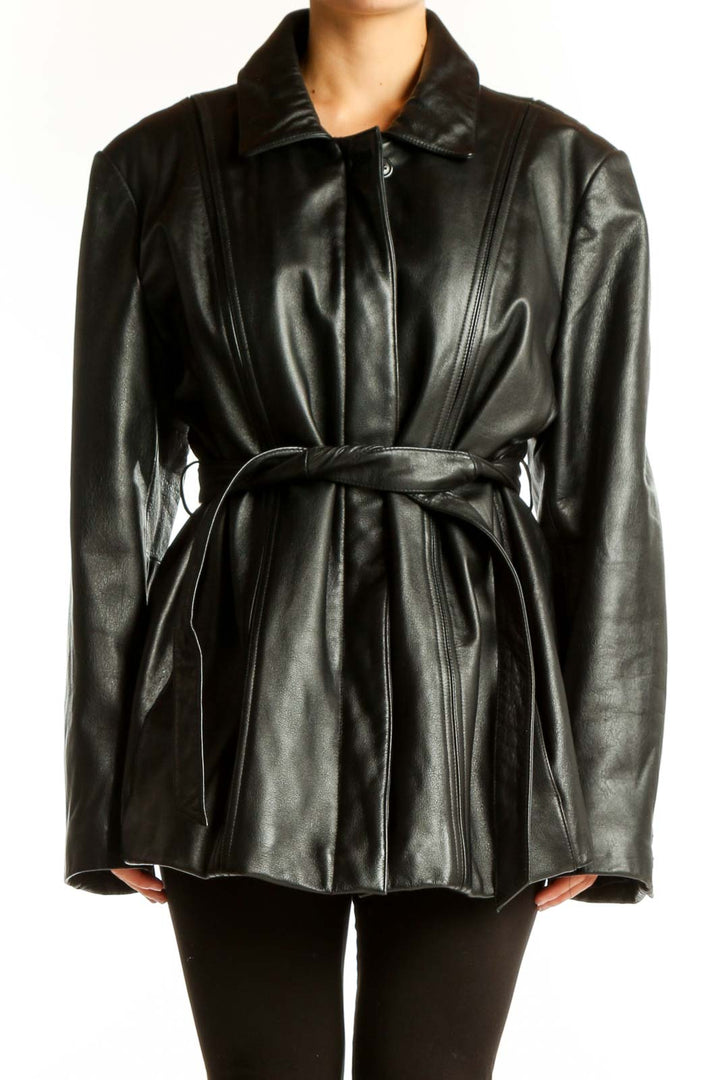 Front view of Modern Essentials black belted leather-look jacket