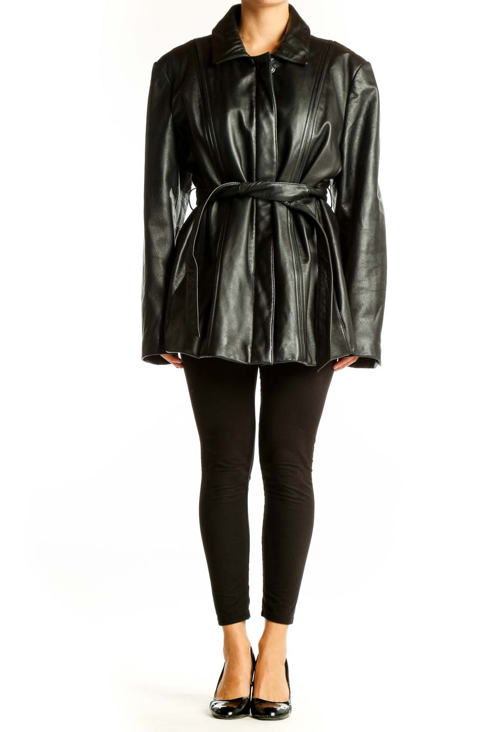 Front view of Modern Essentials black belted leather-look jacket