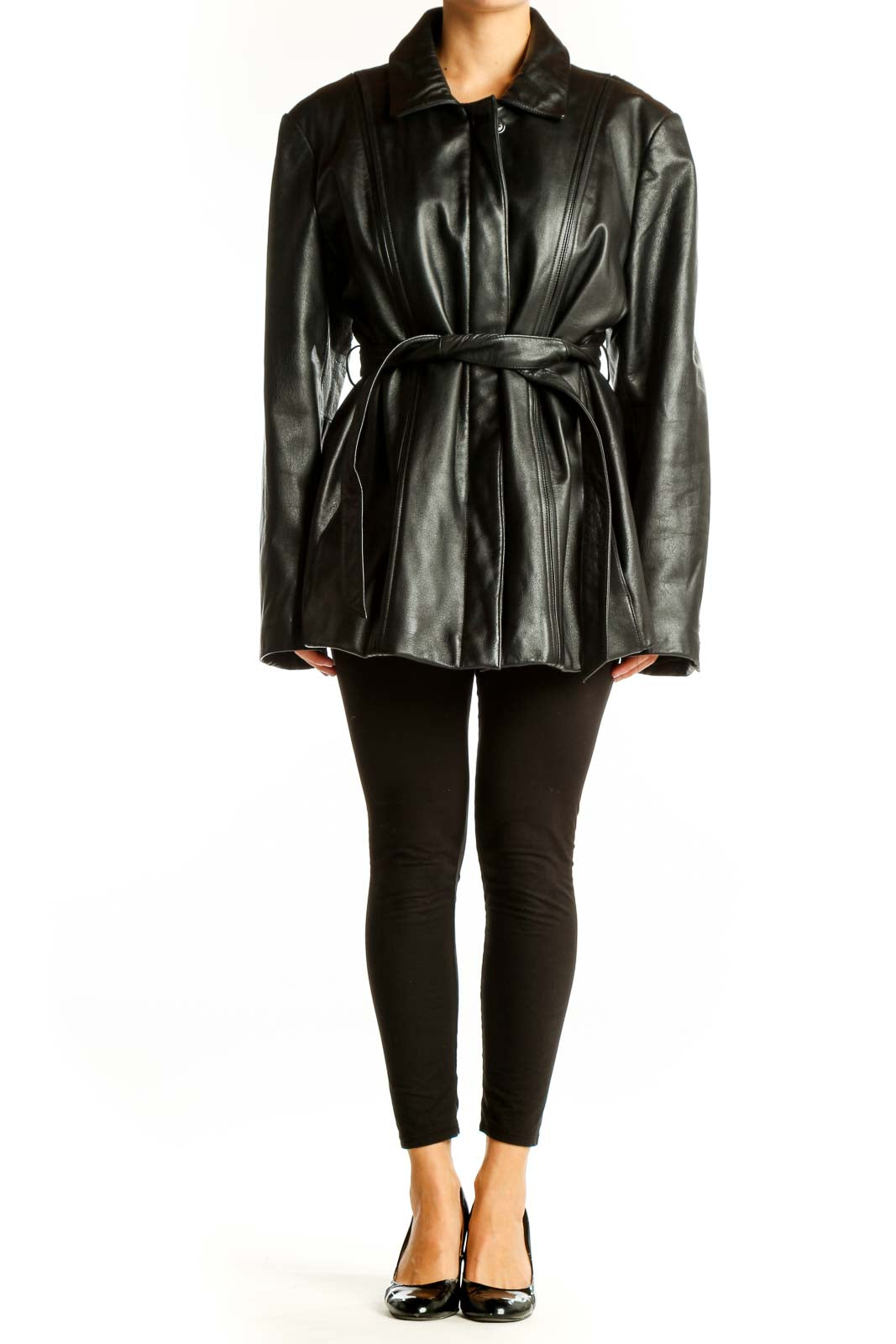 Front view of Modern Essentials black belted leather-look jacket