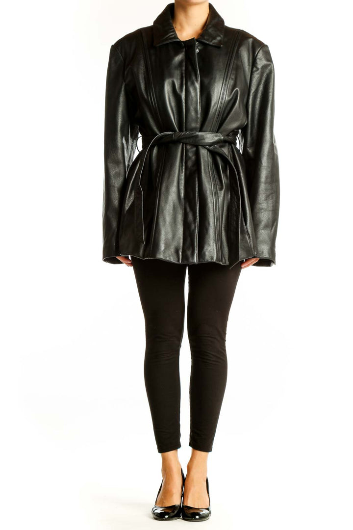 Front view of Modern Essentials black belted leather-look jacket