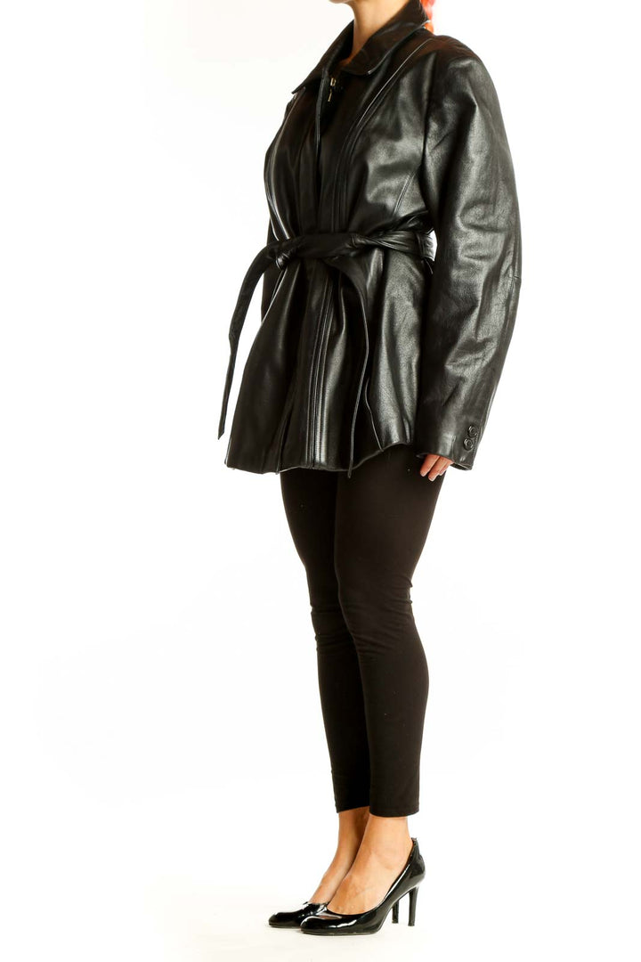 Front view of Modern Essentials black belted leather-look jacket