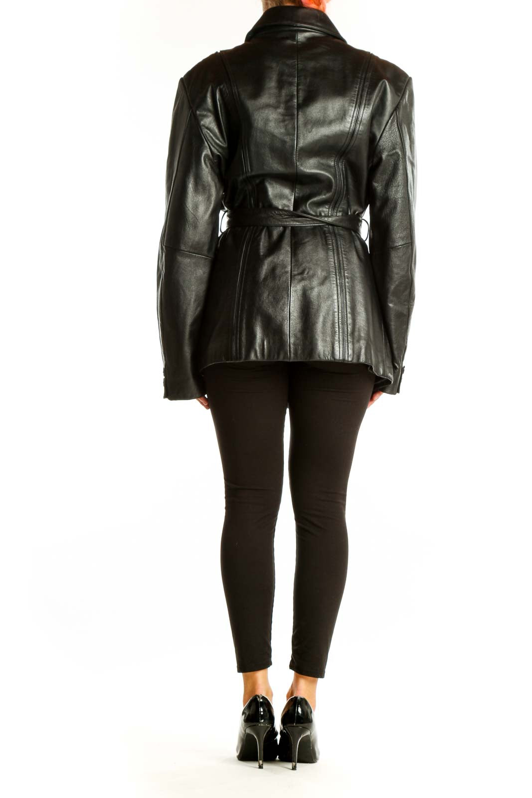 Back view of Modern Essentials black belted leather-look jacket on model