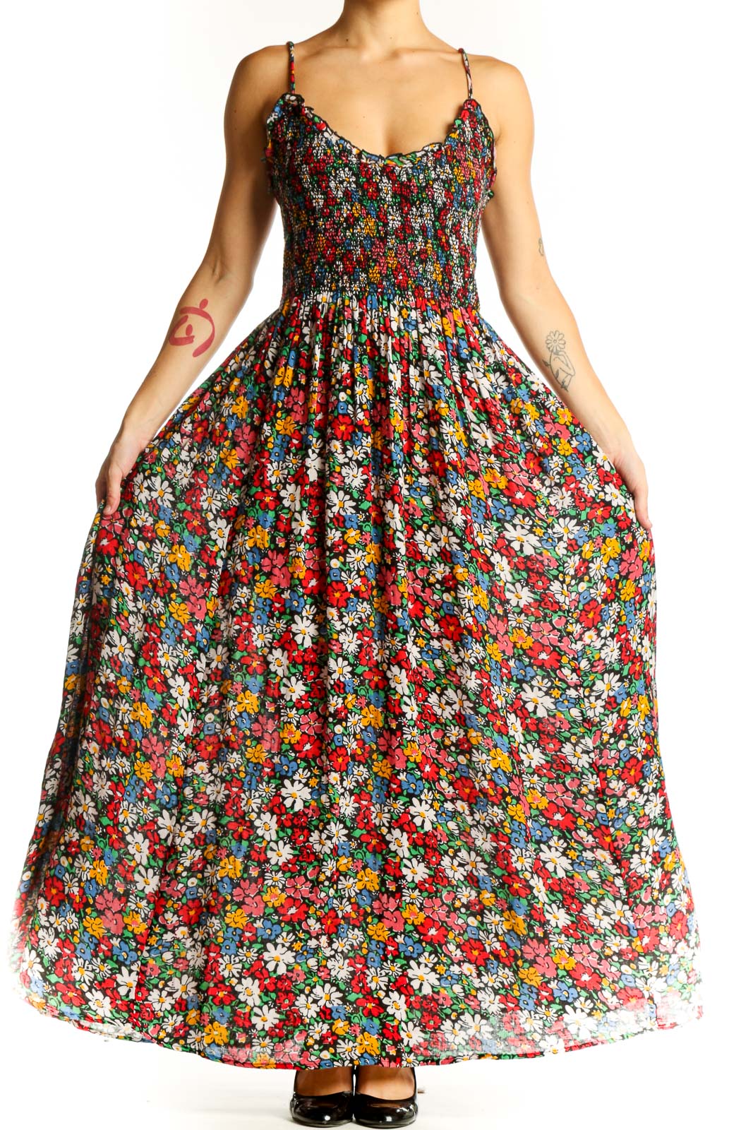 Front view of multicolor floral maxi dress with smocked bodice and spaghetti straps