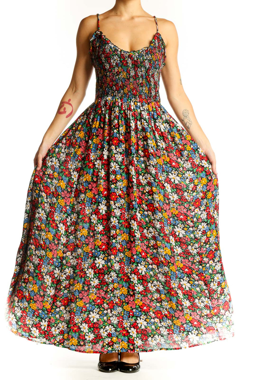 Front view of multicolor floral maxi dress with smocked bodice and spaghetti straps