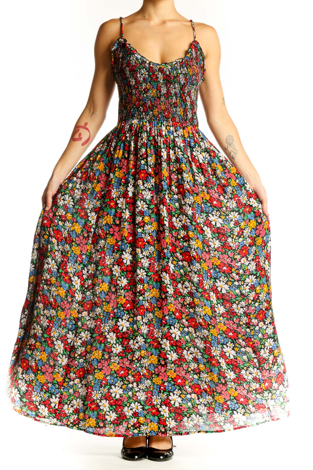 Front view of multicolor floral maxi dress with smocked bodice and spaghetti straps